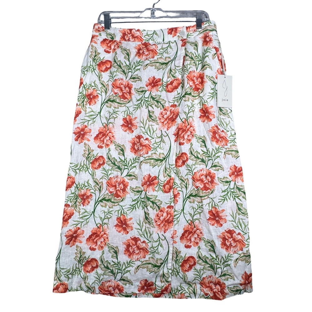 Joie Linen Skirt Womens L White Red Green Floral Midi Summer Boho Chic Resort